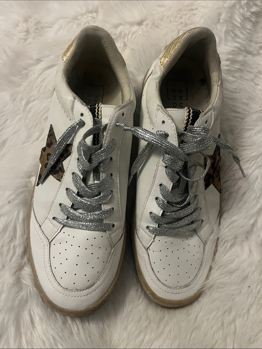 ShuShop White Leather Sneakers with Leopard Star and Silver Laces